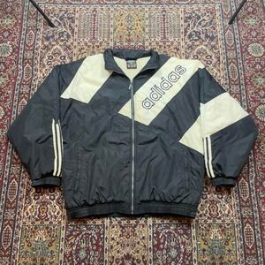 Vintage 90s Adidas striped white black zip up quilted lined puffer jacket XXL